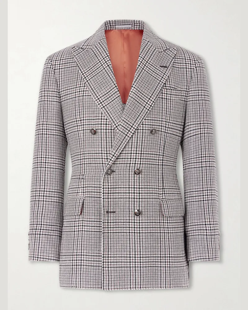 Brunello Cucinelli Prince of Wales Checked Linen, Silk and Wool-Blend Tweed Blazer Gray