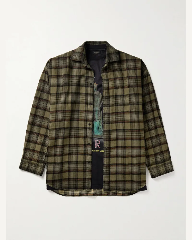 Balenciaga Mehrlagiges Oversized-Hemd aus Baumwollflanell und Jersey mit Karomuster und Print Grün