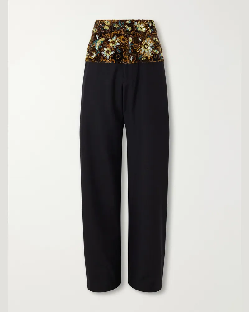 Dries van Noten Wide-Leg Embellished Velvet-Trimmed Wool and Cotton-Blend Gabardine Trousers Black