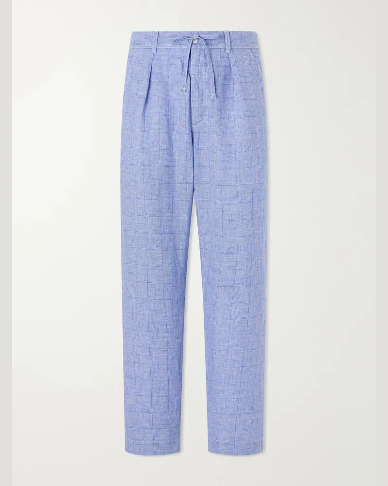Ralph Lauren Wide-Leg Checked Woven Linen Trousers Blue