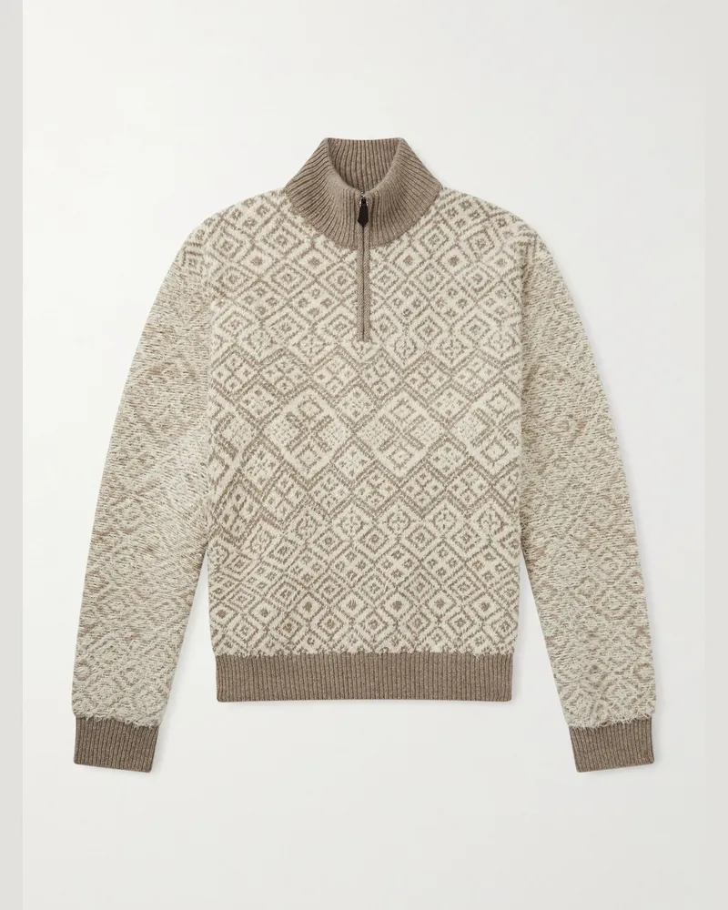 Loro Piana Paroo Pullover aus gebürstetem Jacquard-Strick aus Kaschmir mit kurzem Reißverschluss und Stehkragen Neutral