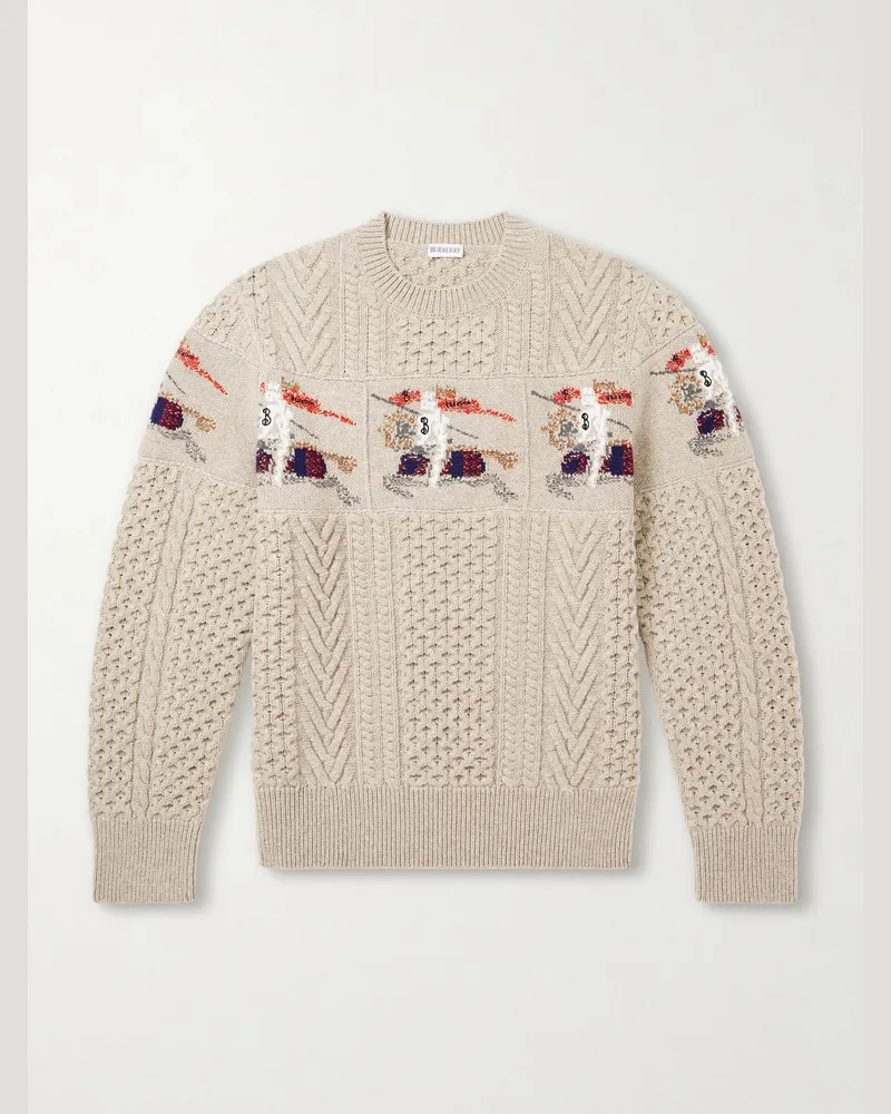 Burberry Logo-Intarsia Cable-Knit Wool and Cashmere-Blend Sweater Neutrals