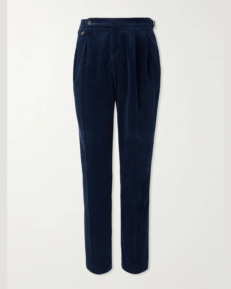 Brunello Cucinelli Straight-Leg Pleated Cotton-Corduroy Trousers Blue