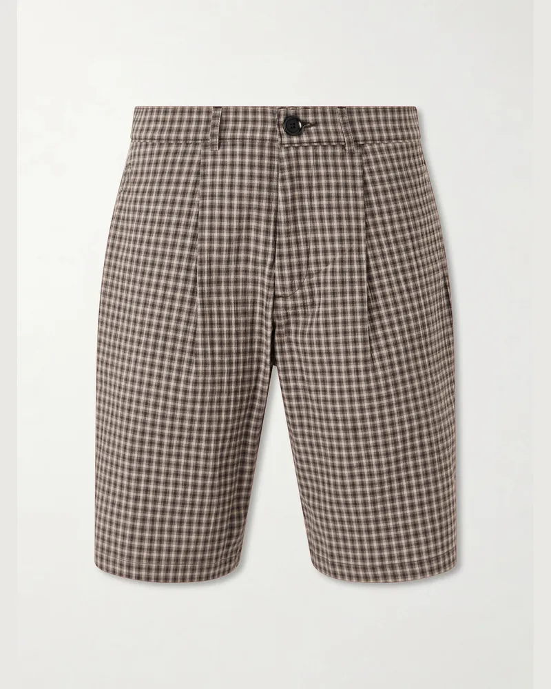 Oliver Spencer Leaman Straight-Leg Pleated Checked Cotton-Blend Shorts Brown