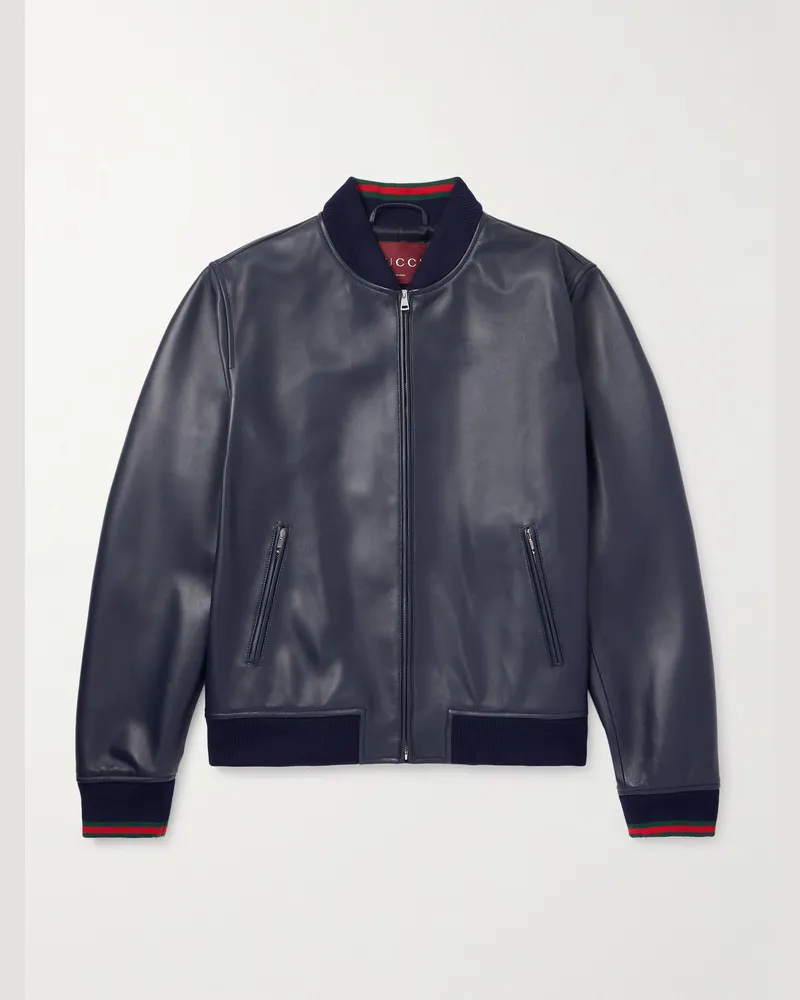 Gucci Leather Bomber Jacket Blue