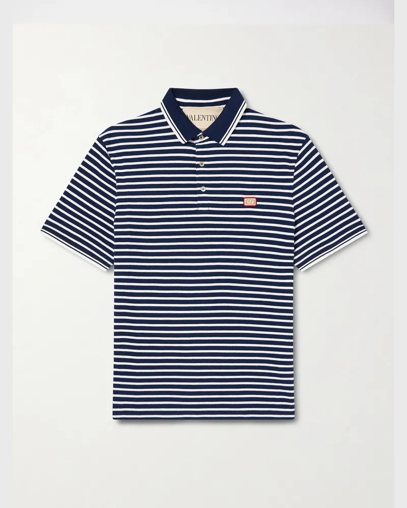 Valentino Garavani Logo-Appliquéd Striped Cotton-Piqué Polo Shirt Blue
