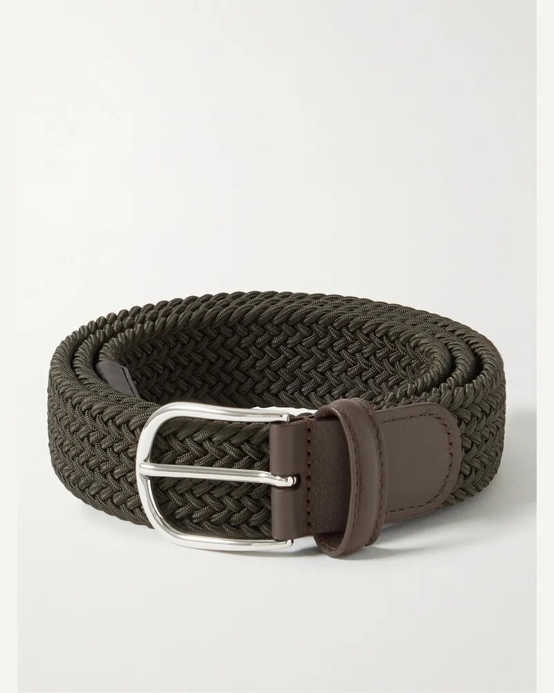 Anderson's 3.5cm Leather-Trimmed Woven Elastic Belt Green