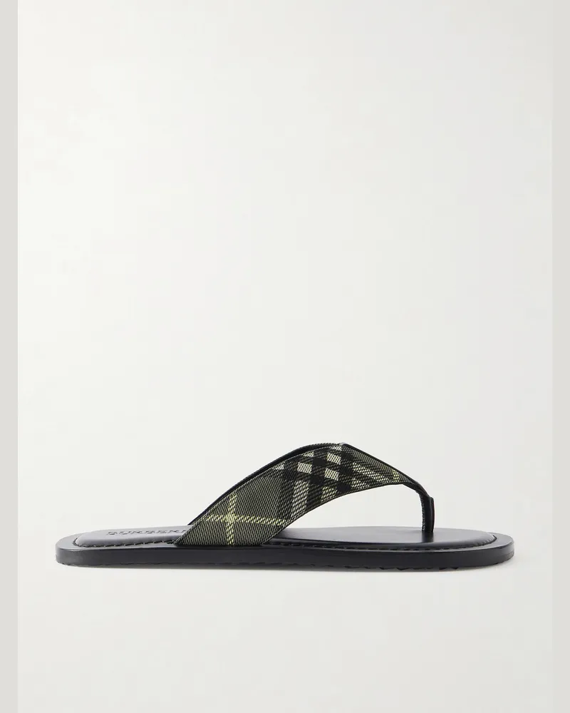 Burberry Pavillon Leather-Trimmed Checked Jacquard Sandals Gray