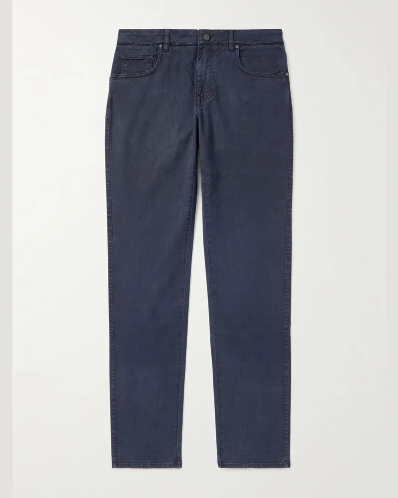 PURDEY Slim-Fit Straight-Leg Cotton-Blend Twill Trousers Blue