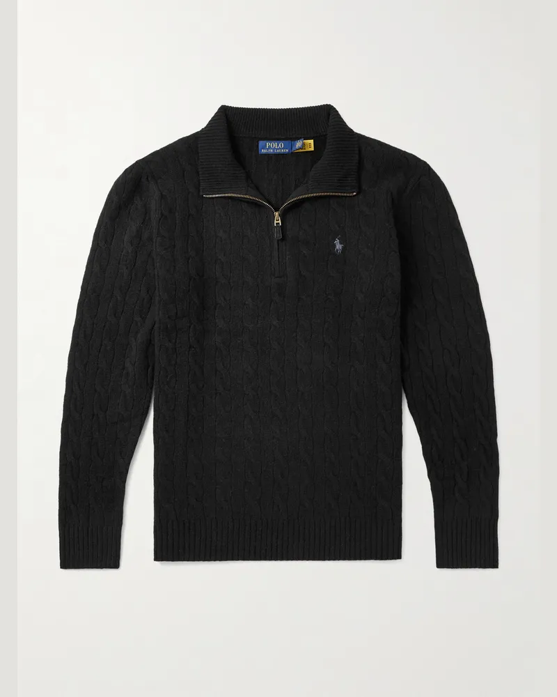 Ralph Lauren Logo-Embroidered Cable-Knit Wool and Cashmere-Blend Half-Zip Sweater Black