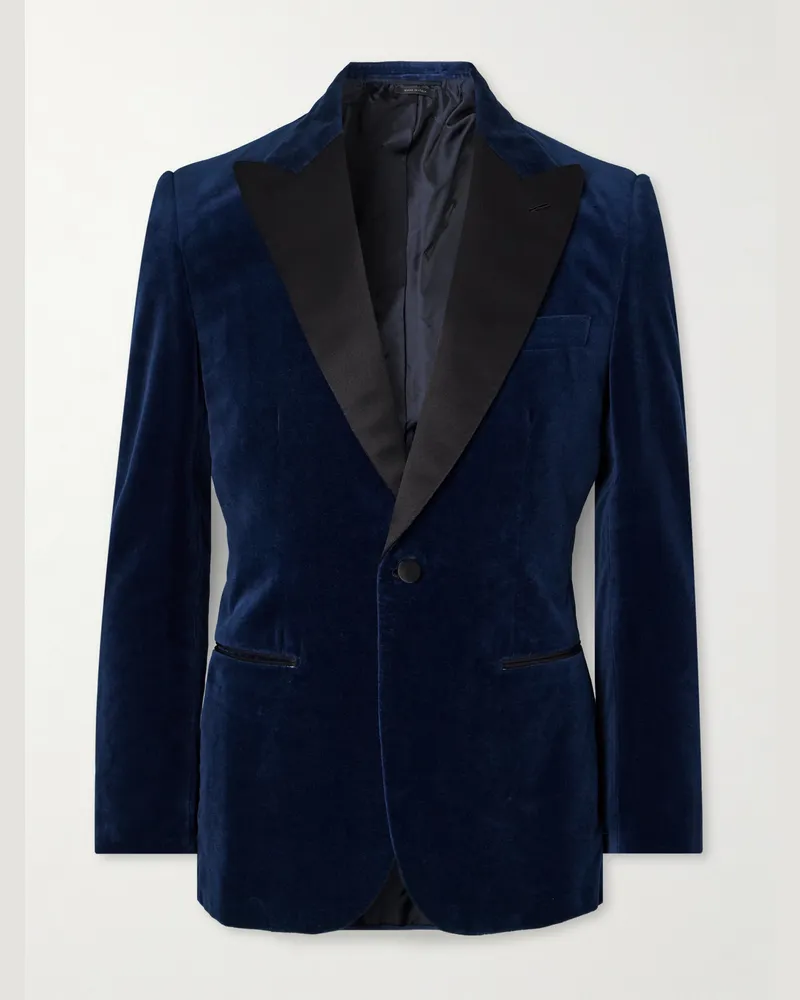 Brioni Smokingjacke aus Baumwollsamt mit Satinbesatz Blau