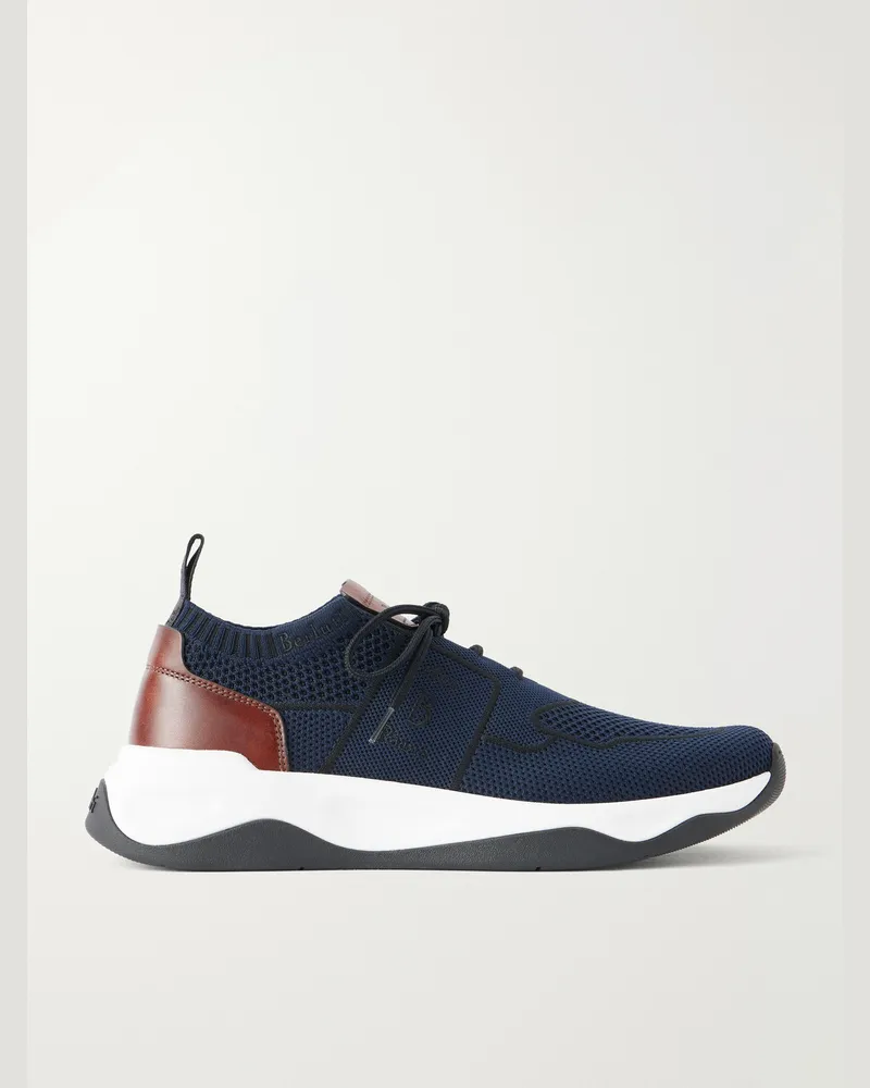 Berluti Shadow Leather-Trimmed Stretch-Knit Sneakers Blue