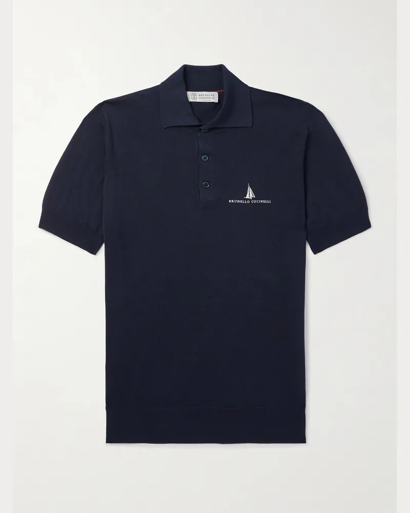 Brunello Cucinelli Schmal geschnittenes Polohemd aus einer Seiden-Baumwollwollmischung mit Logostickerei Blau