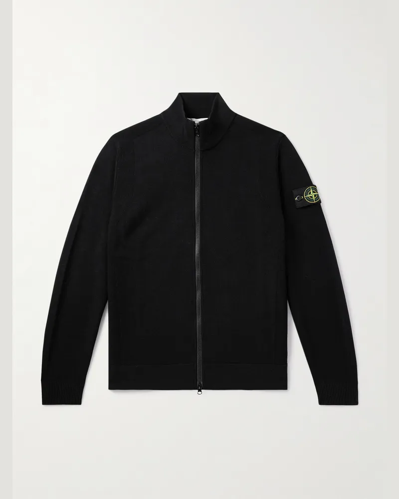 Stone Island Cardigan aus einer Wollmischung mit Reißverschluss und Logodetail Schwarz