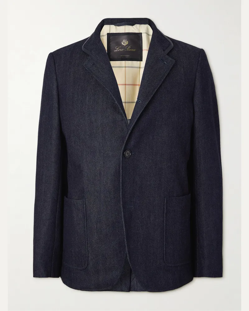 Loro Piana Spagna Leather-Trimmed Cotton and Cashmere-Blend Denim Jacket Blue