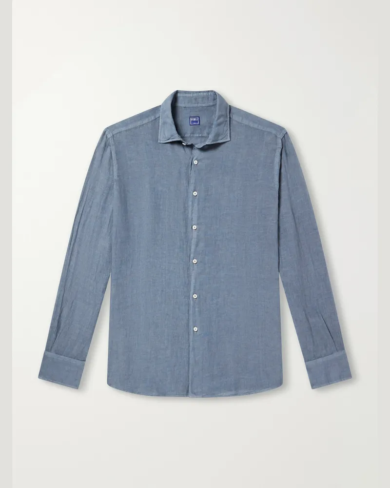 Fedeli Nick Slim-Fit Cutaway-Collar Linen Shirt Blue