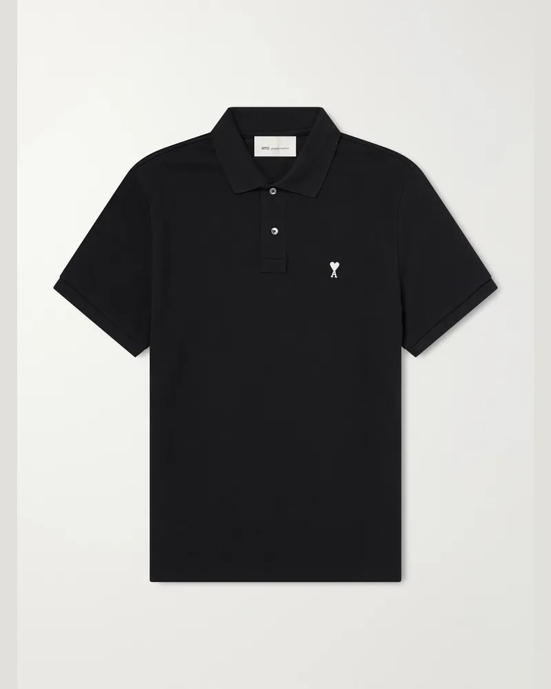 AMI Paris Logo-Embroidered Cotton-Piqué Polo Shirt Black