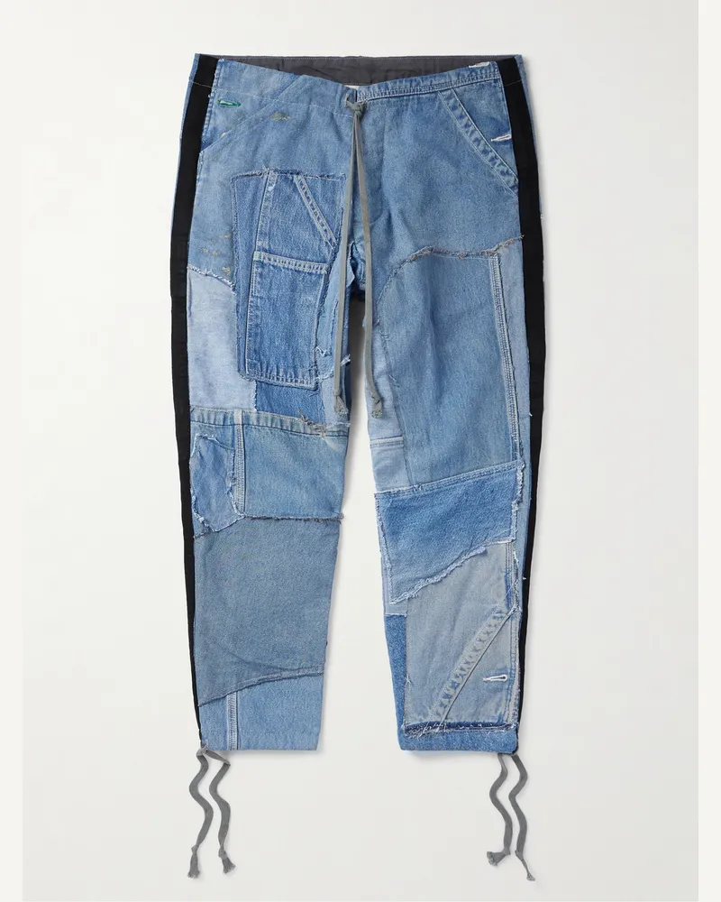 Greg Lauren Tapered Cropped Frayed Patchwork Drawstring Jeans Blue