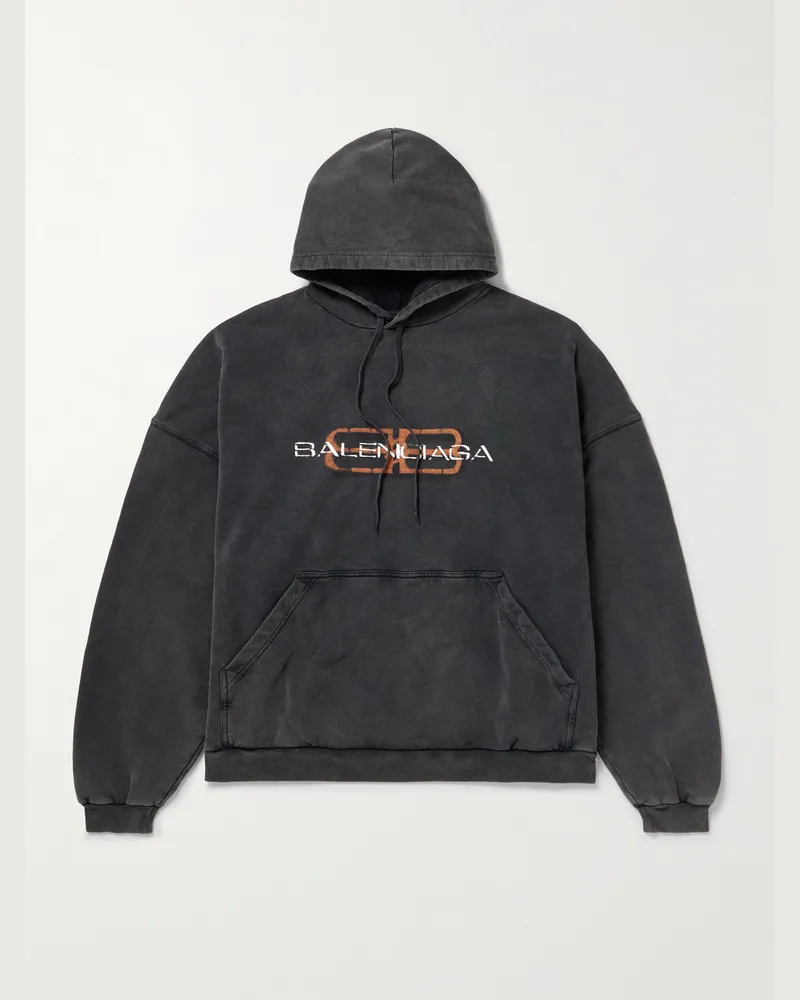 Balenciaga Logo-Print Washed Cotton-Jersey Hoodie Gray