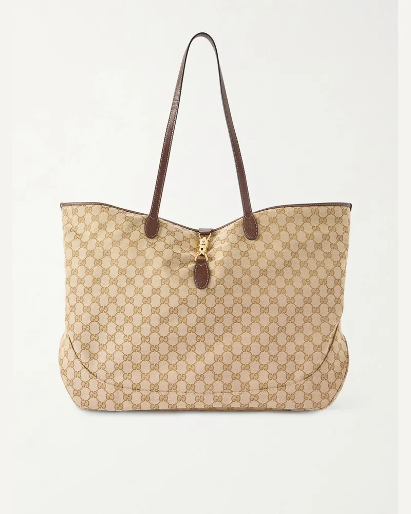 Gucci Jackie Large Leather-Trimmed Monogrammed Canvas Tote Bag Brown