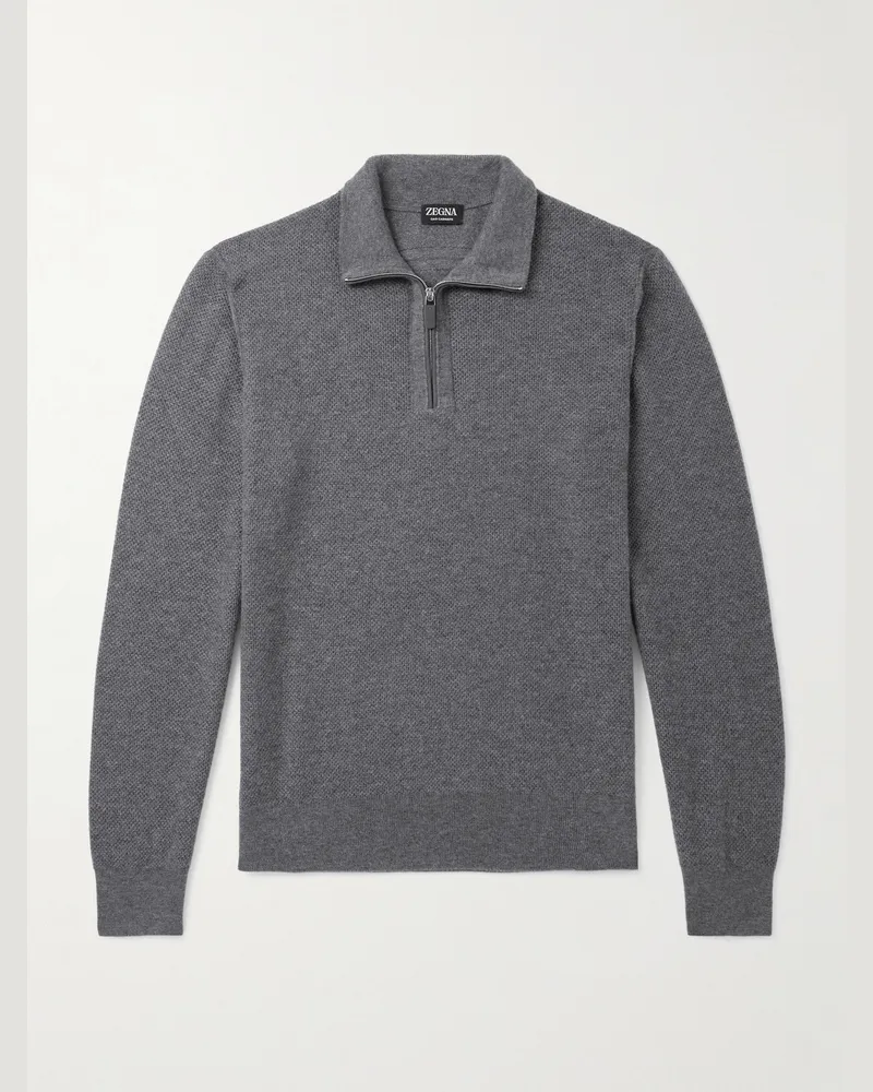 Ermenegildo Zegna Leather-Trimmed Oasi Cashmere Half-Zip Sweater Gray