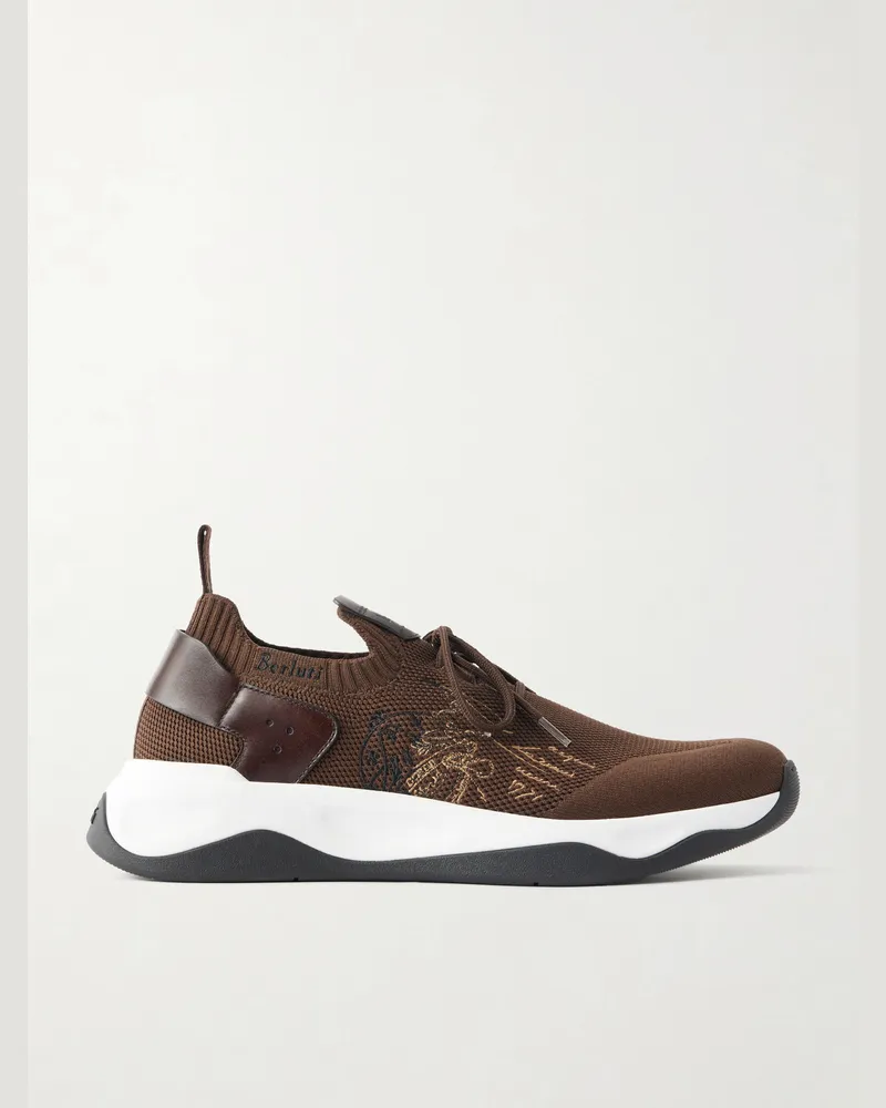 Berluti Shadow Logo-Embroidered Leather-Trimmed Stretch-Knit Sneakers Brown