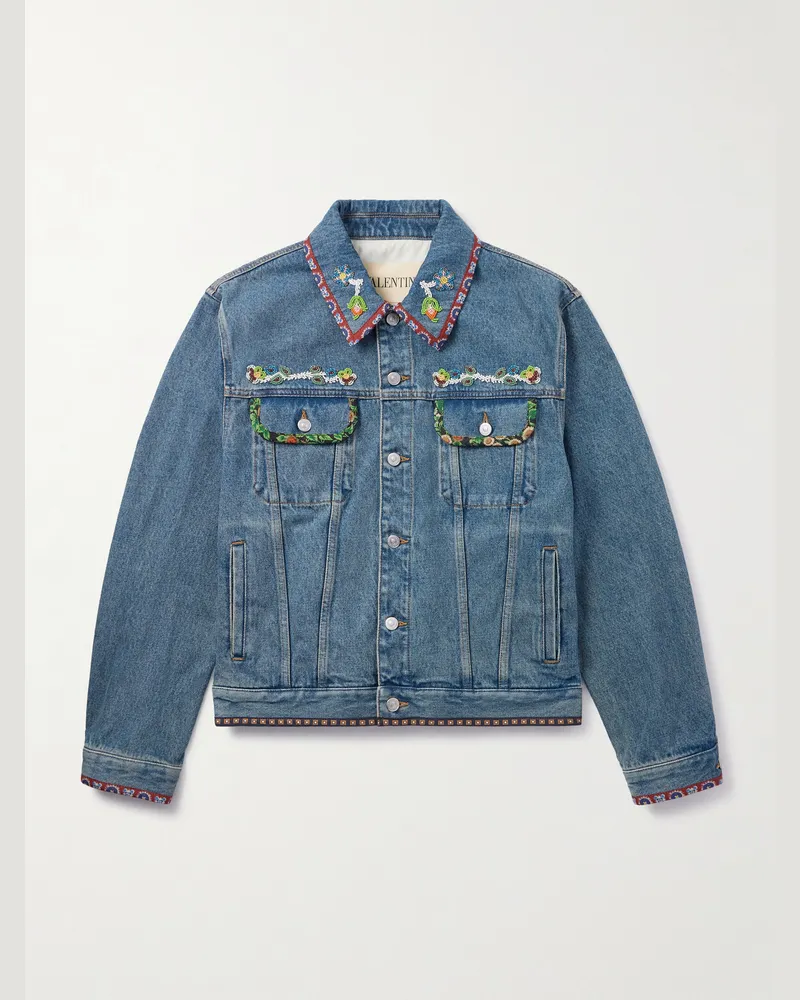 Valentino Garavani Bead-Embellished Floral-Trimmed Denim Jacket Blue