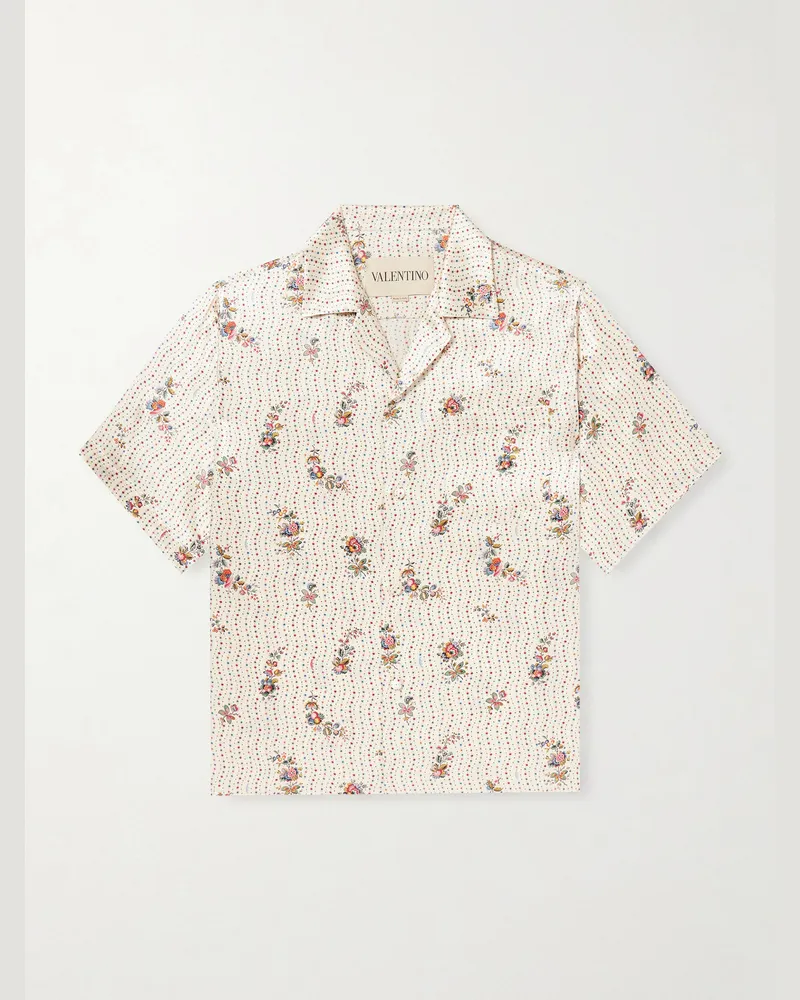 Valentino Garavani Camp-Collar Floral-Print Silk-Twill Shirt Neutrals