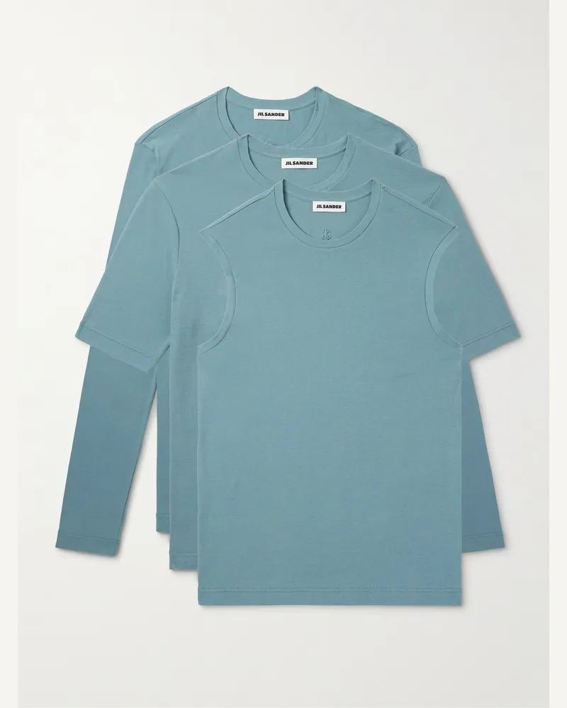 Jil Sander Set aus drei schmal geschnittenen Oberteilen aus Baumwoll-Jersey mit Logostickerei Blau