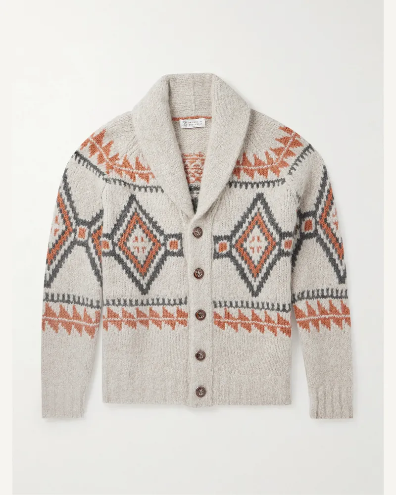 Brunello Cucinelli Cardigan aus Jacquard-Strick aus einer Alpakawollmischung mit Schalkragen Grau
