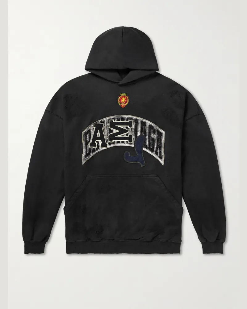 Balenciaga Oversized Distressed Logo-Appliquéd Cotton-Jersey Hoodie Black