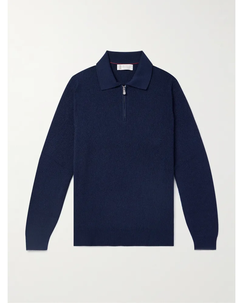 Brunello Cucinelli Pullover aus Kaschmir in Rippstrick mit kurzem Reißverschluss Blau