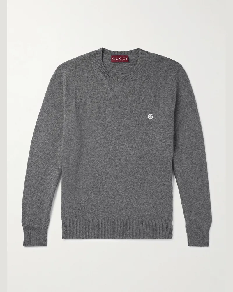 Gucci Logo-Embroidered Wool and Cashmere-Blend Sweater Gray