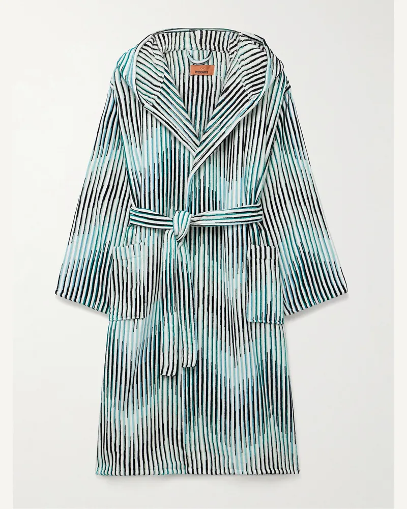 Missoni Home Arpeggio Morgenmantel aus gestreiftem Baumwollfrottee mit Kapuze Blau