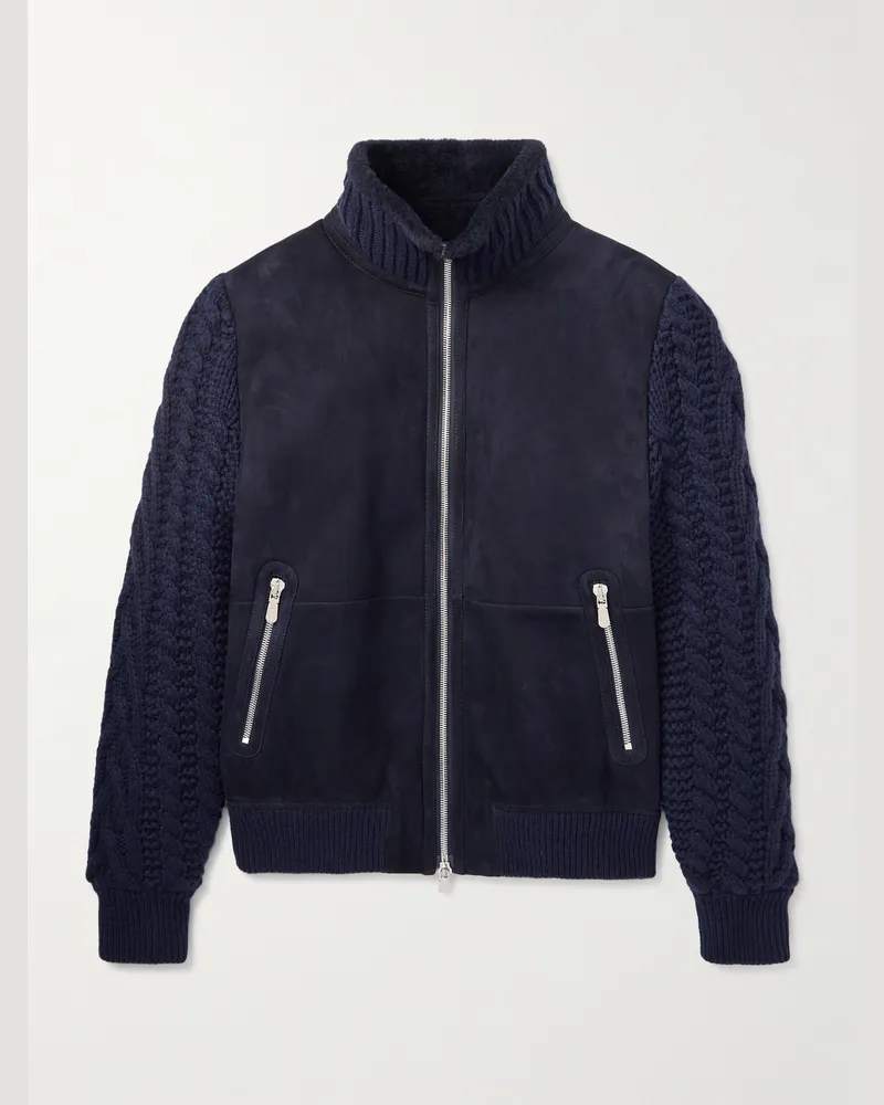 Brunello Cucinelli Jacke aus Shearling und Kaschmir in Zopfstrick Blau