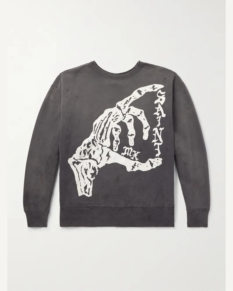 SAINT MXXXXXX Distressed Printed Cotton-Jersey Sweatshirt Gray
