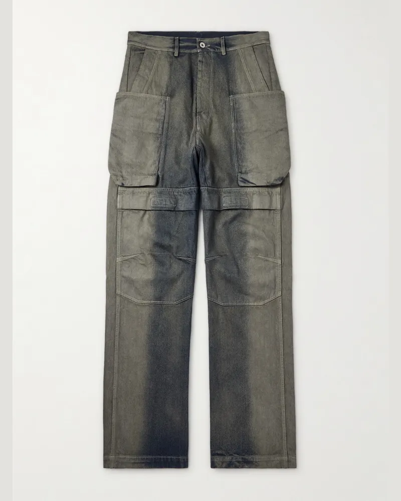 Rick Owens Stefan Wide-Leg Distressed Denim Cargo Trousers Gray