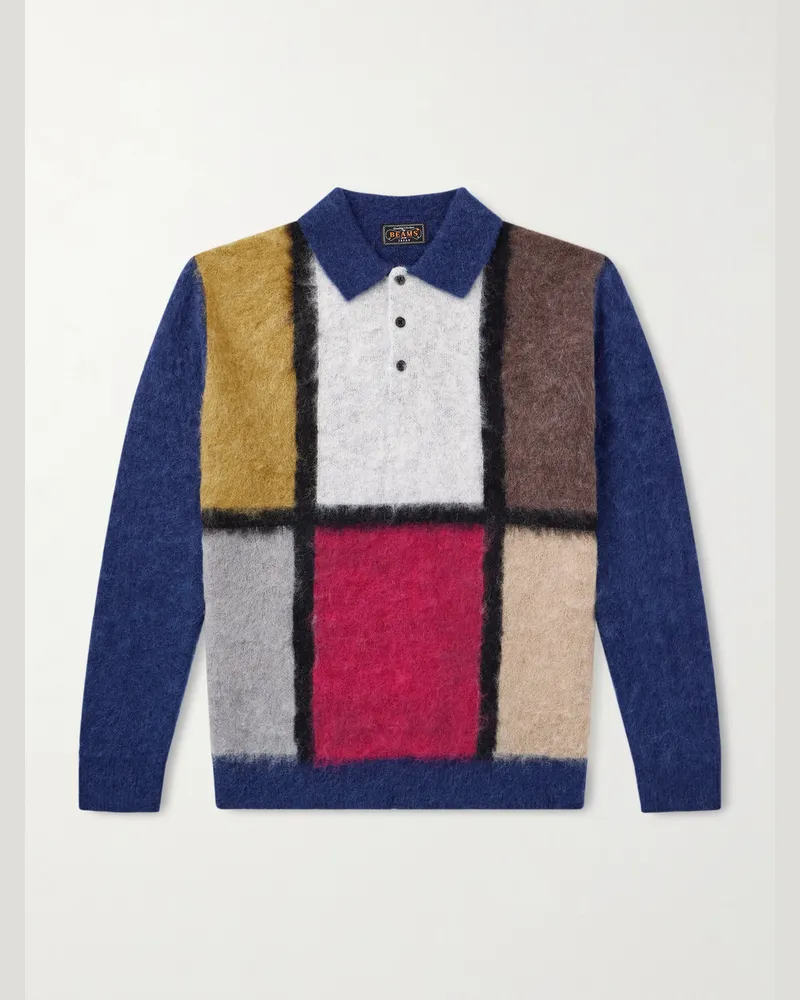 Beams Plus Pullover in Colour-Block-Optik mit Polokragen Blau