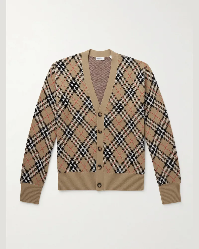 Burberry Checked Jacquard-Knit Wool-Blend Cardigan Neutrals