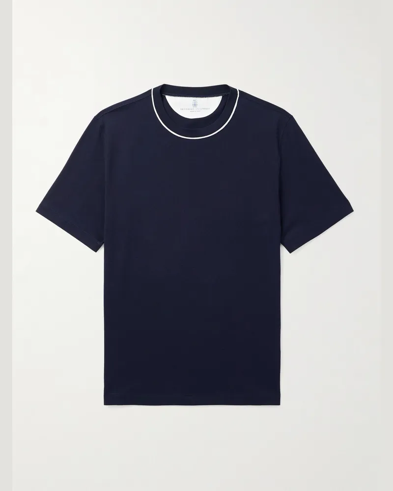 Brunello Cucinelli T-Shirt aus Baumwoll-Jersey mit Paspel Blau