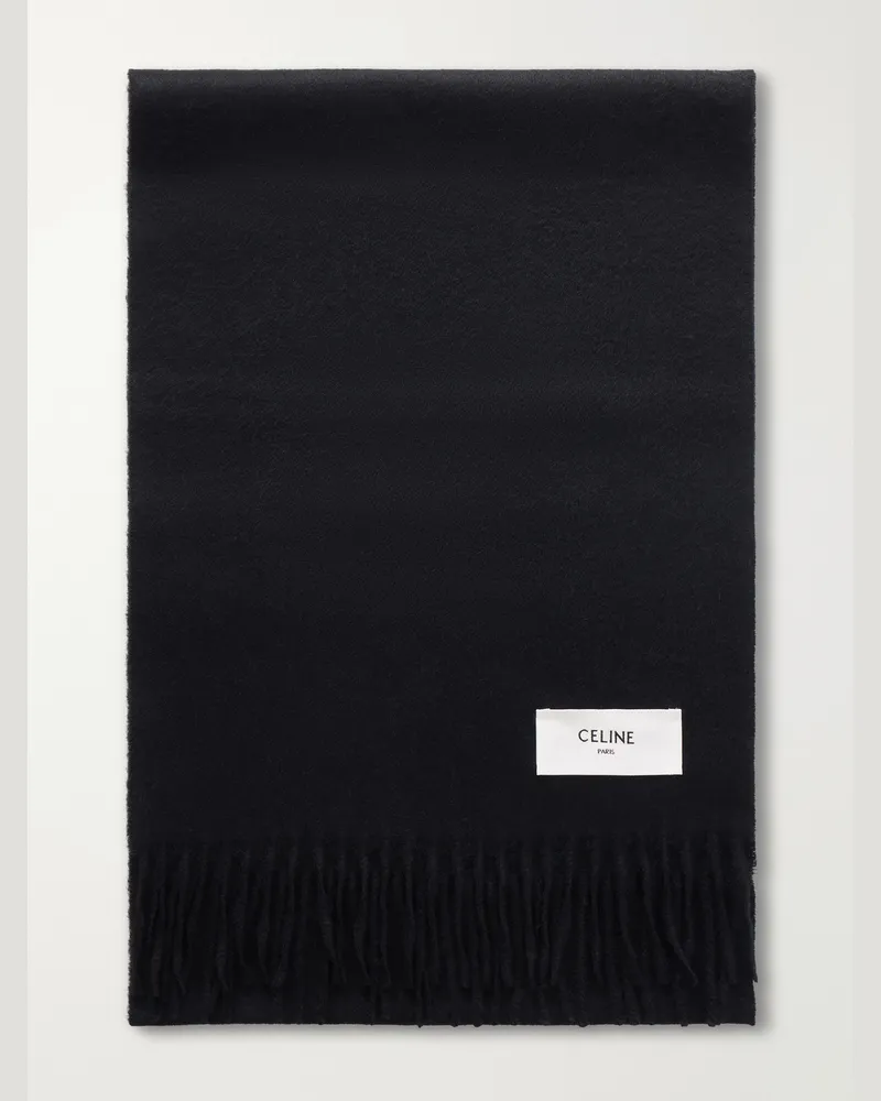 Celine Logo-Appliquéd Fringed Cashmere Scarf Black