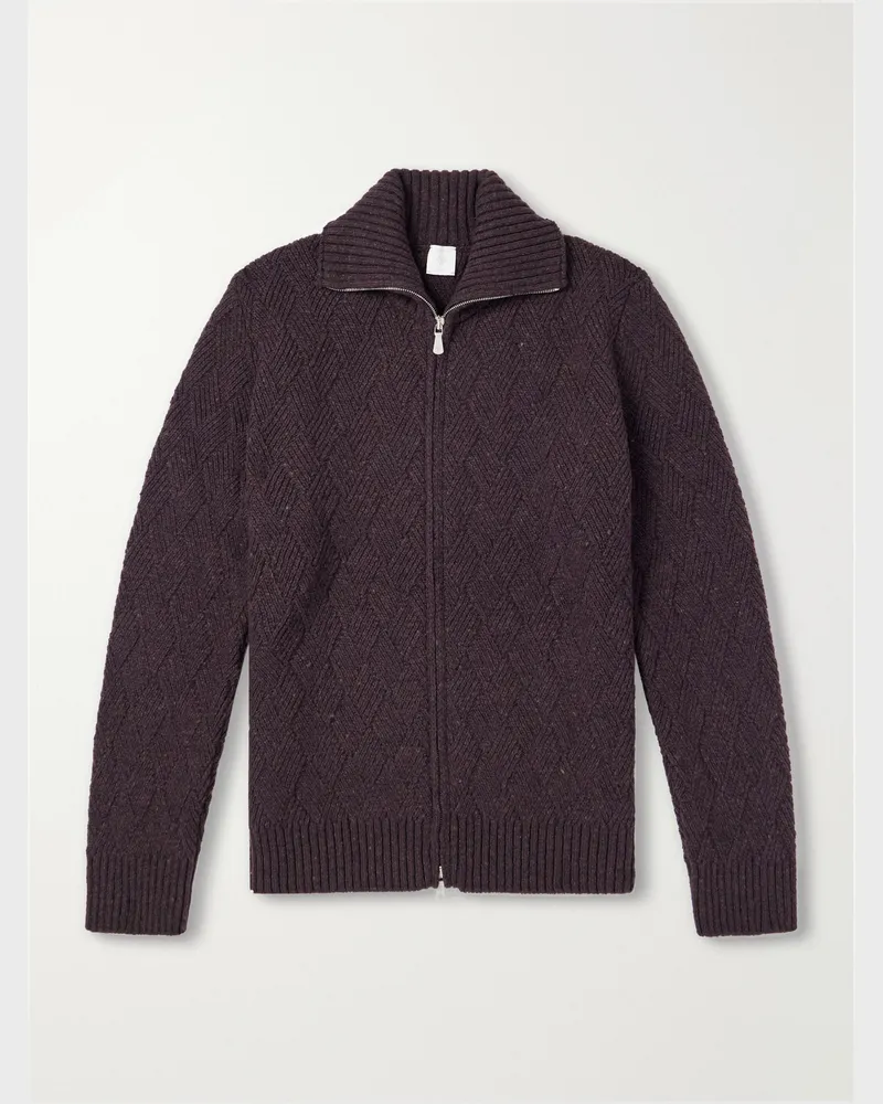 Eleventy Cable-Knit Wool and Cashmere-Blend Zip-Up Sweater Burgundy