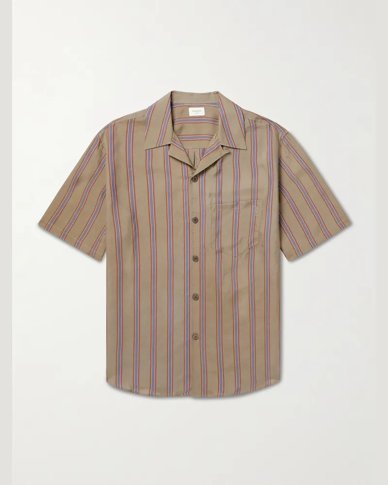 Saint Laurent Hemd aus gestreiftem Twill mit Logostickerei und Reverskragen Braun