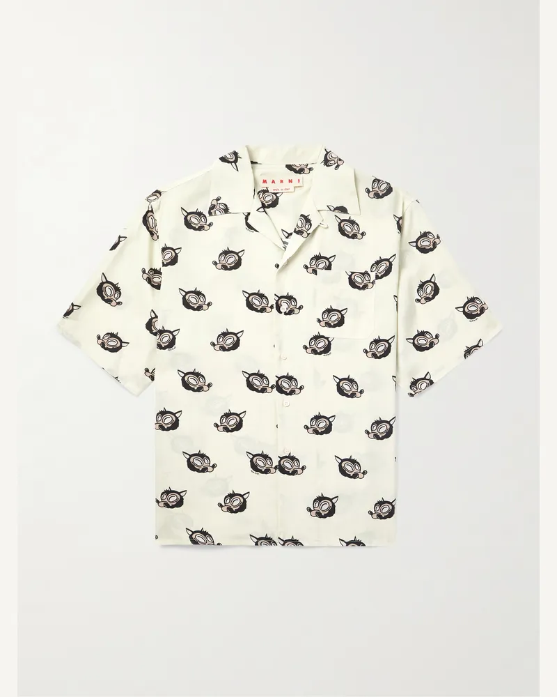Marni Wolves Convertible-Collar Printed Satin-Twill Shirt Neutrals