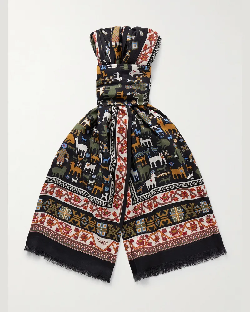 Drake's Frayed Printed Wool and Silk-Blend Scarf Brown