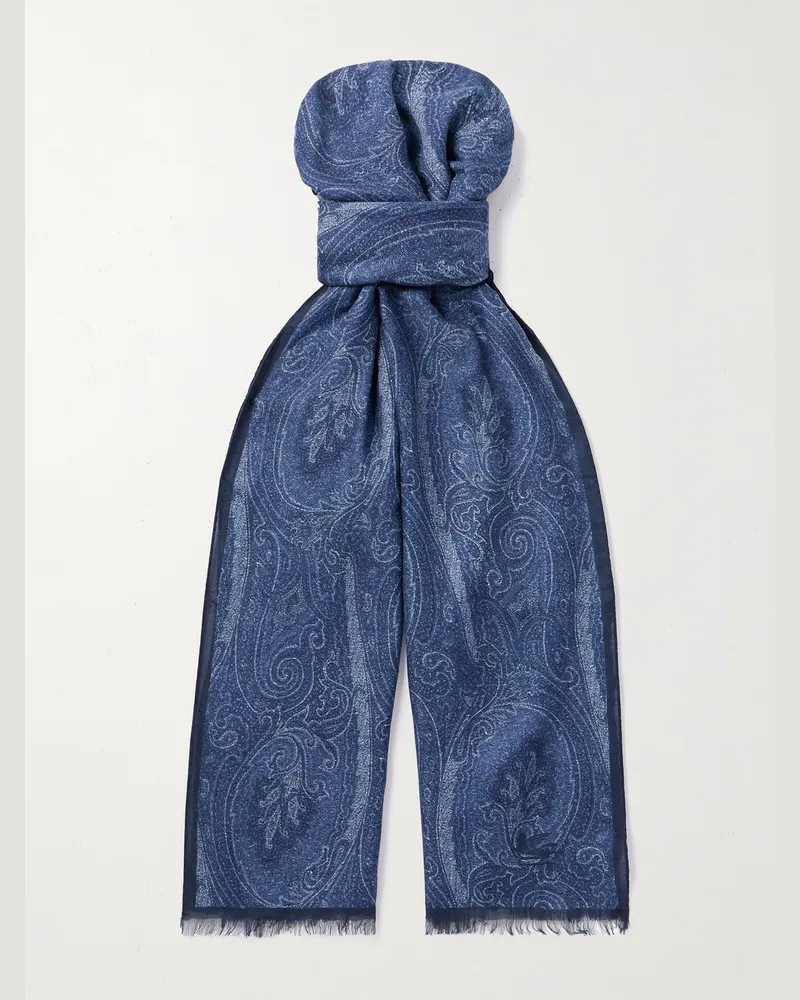 Etro Schal aus einer Modal-Kaschmirmischung mit Paisley-Print und Fransen Blau