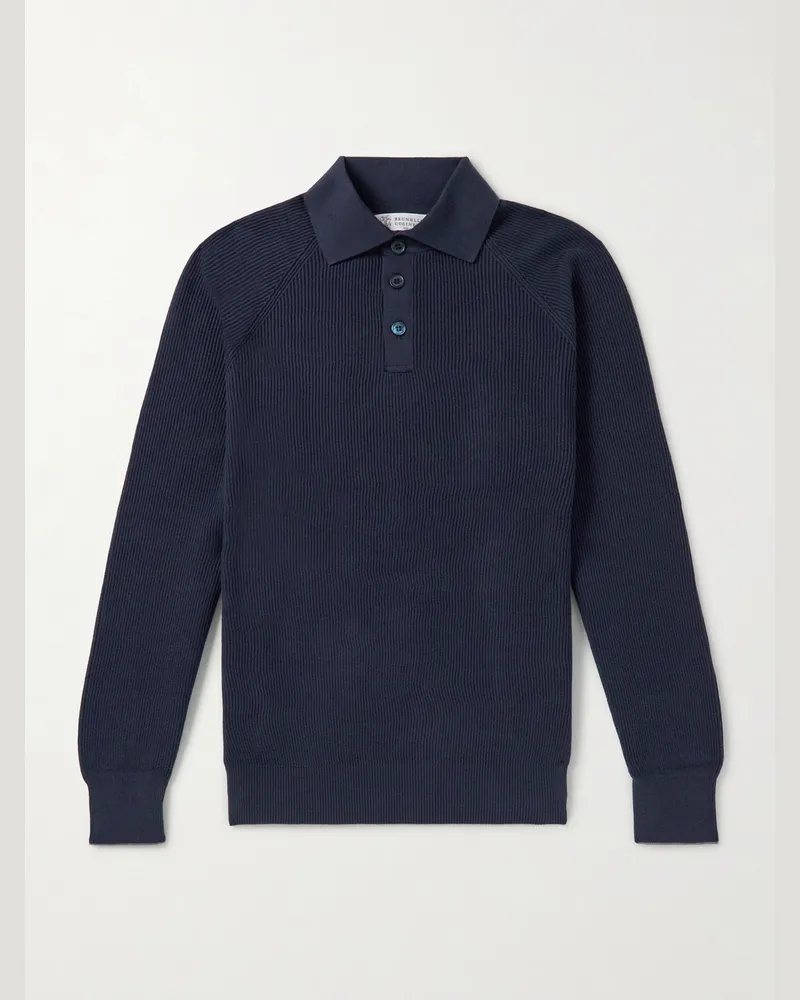 Brunello Cucinelli Oberteil aus Baumwolle in Rippstrick mit Polokragen Blau