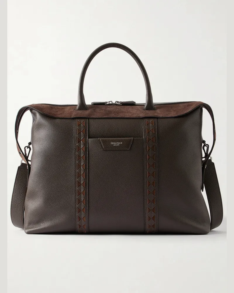 Serapian Suede-Trimmed Full-Grain Leather Briefcase Brown