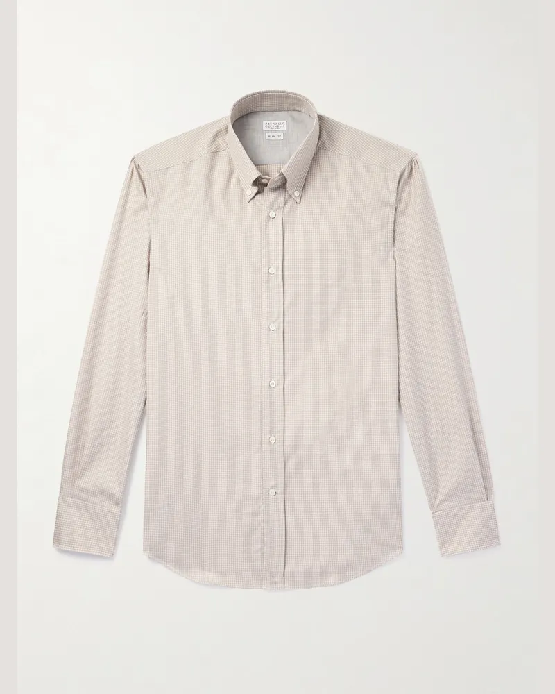 Brunello Cucinelli Schmal geschnittenes Baumwollhemd mit Button-Down-Kragen und Karomuster Neutral