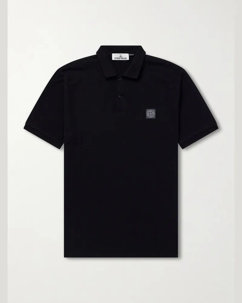 Stone Island Logo-Appliquéd Cotton-Piqué Polo Shirt Black